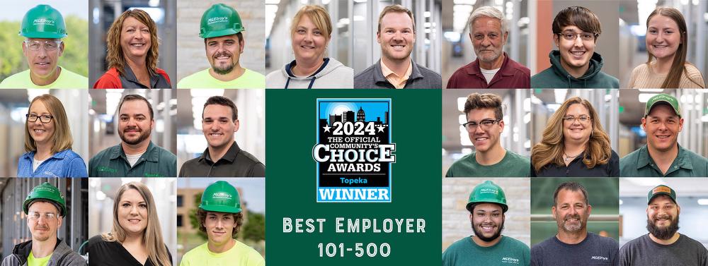 Portraits of a variety of McElroy's employees and Community's Choice "Best Employer 101-500" WINNER logo.